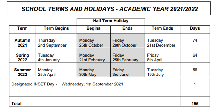 School Term Dates Ysgol y ddwylan